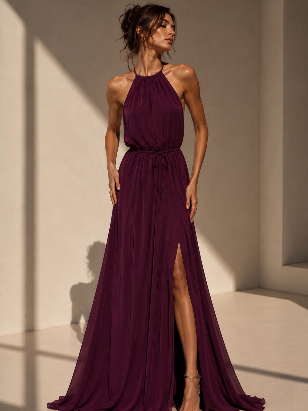 Lulu's Plum Halter Maxi Dress with Side Slit
